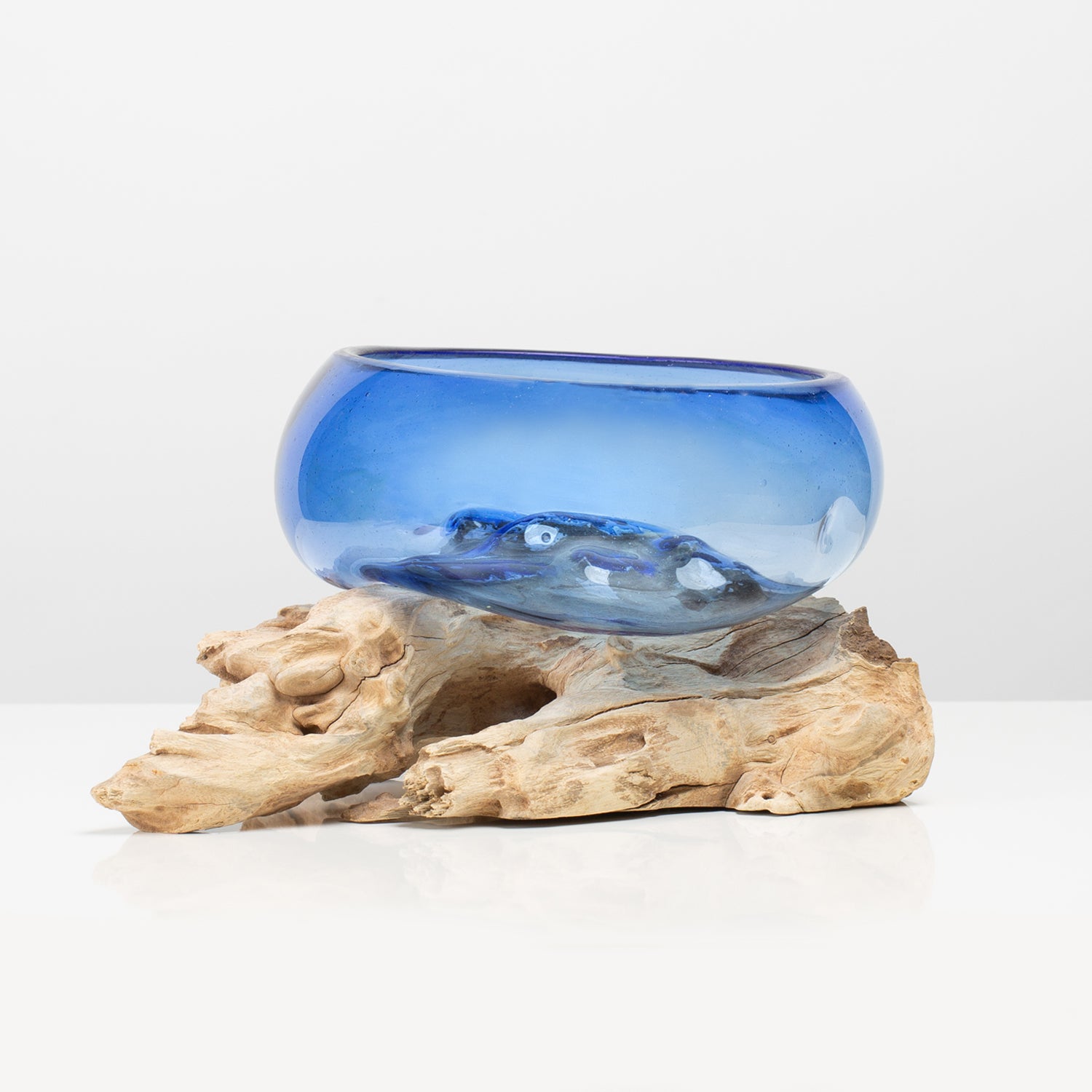 Glasschale auf Holzpodest Schmelzschale Vase OLYMPIA (Blau)