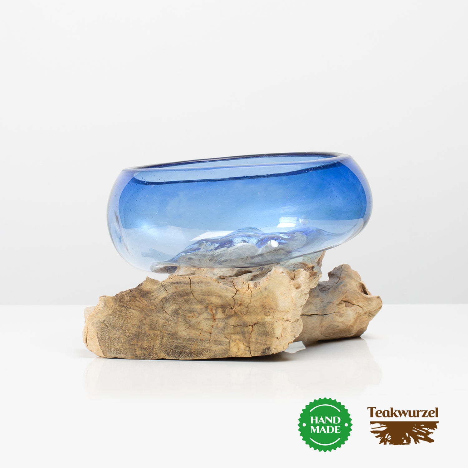 Glasschale auf Holzpodest Schmelzschale Vase OLYMPIA (Blau)