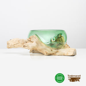 Glasschale auf Holzpodest Schmelzschale Vase OLYMPIA (Grün)