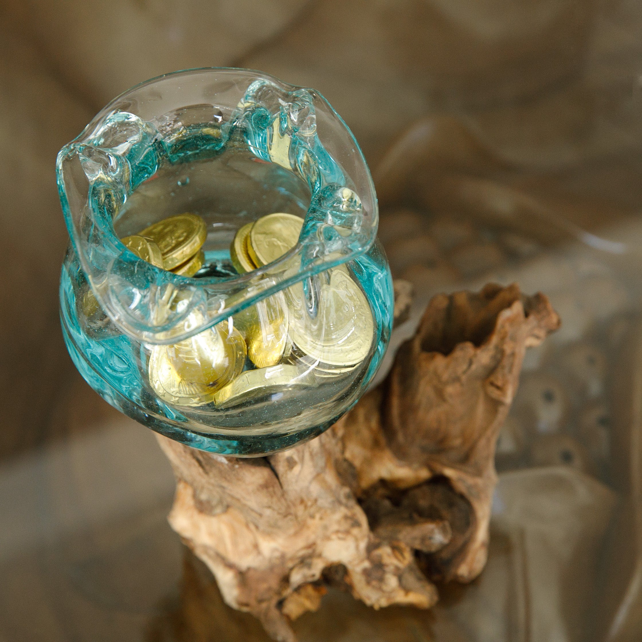 Glasschale auf Holzpodest Schmelzschale Vase LUCI (Transparent)