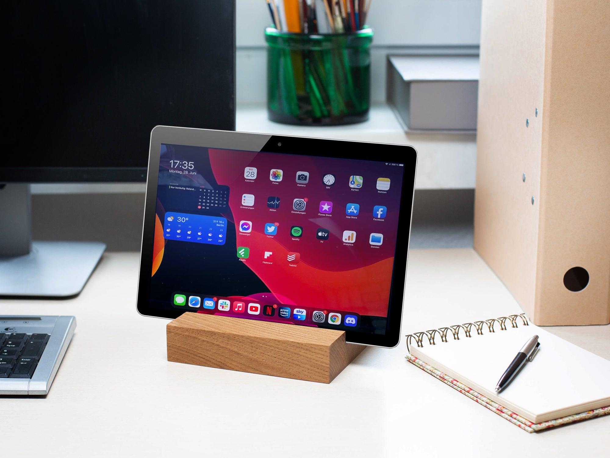 Rikmani Tablet Ständer aus Holz iPad Ständer, Tablettenständer Schreibtischzubehör aus Massivholz Eiche